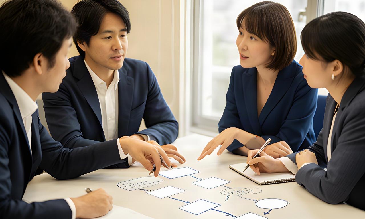 業務の流れを囲み、意見を交わす中小企業のチーム
